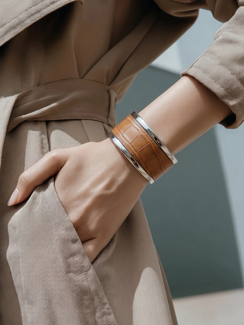 Silver-Toned Wide Cuff Clamper Bracelet with Brown Croc-Embossed Leather, 8-1/2”